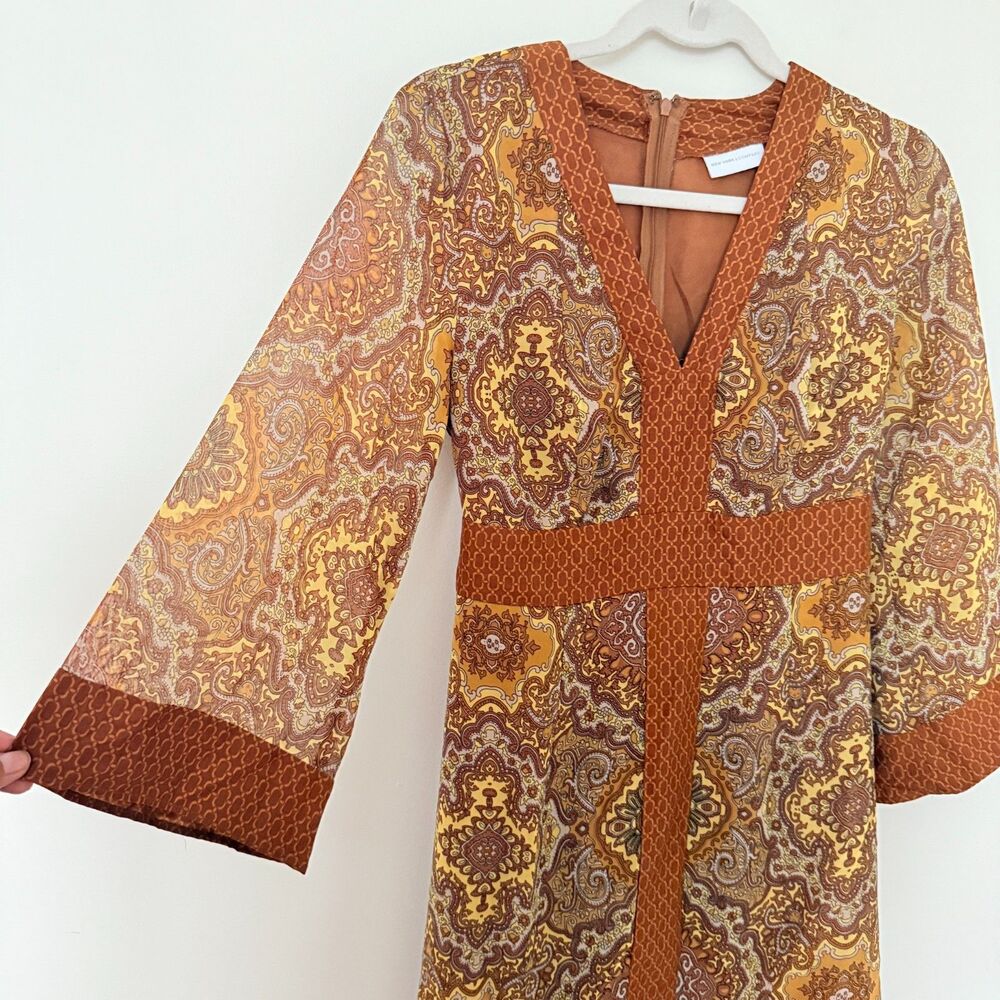 NY&Co Brown Damask Belted Dress Retro Style 3/4 Sleeves V-Neck Chic Sz S - Picture 10 of 12